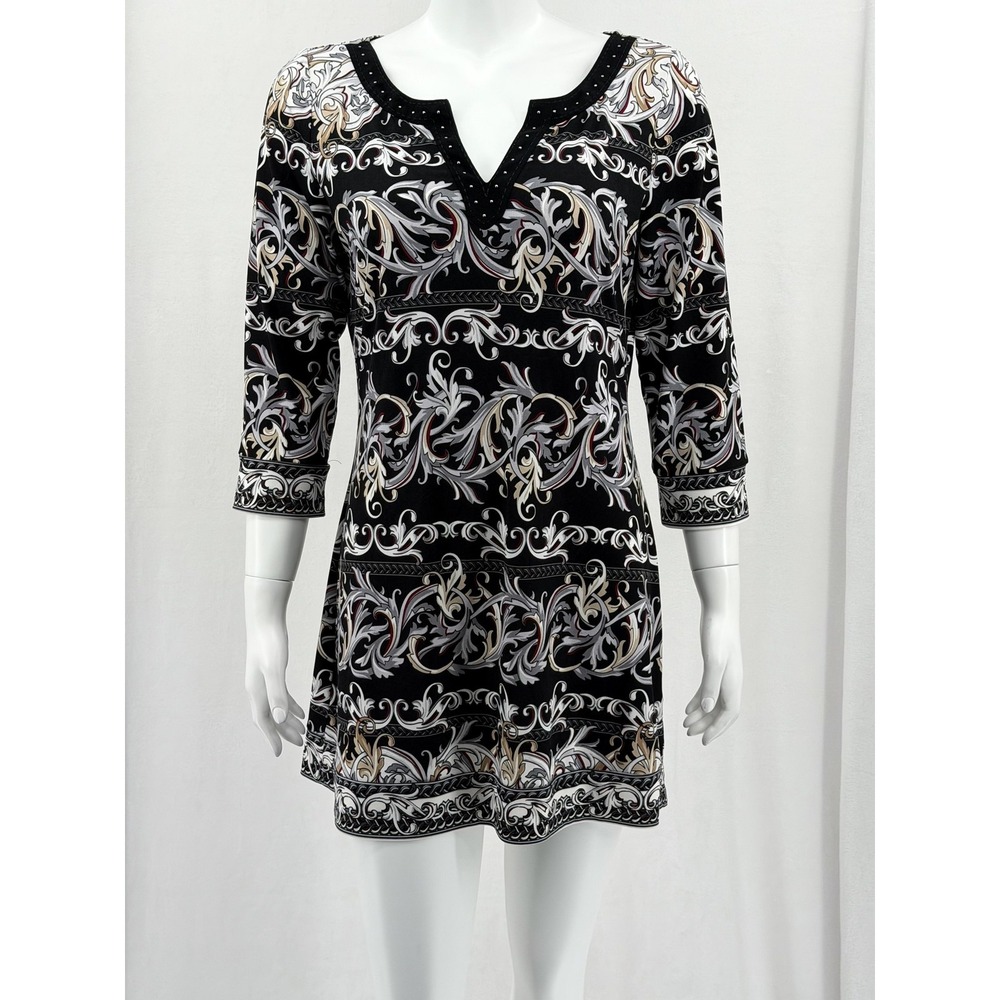 White House Black Market Dress Womens Medium Scroll Shift Mini 3/4 Sleeve V-Neck